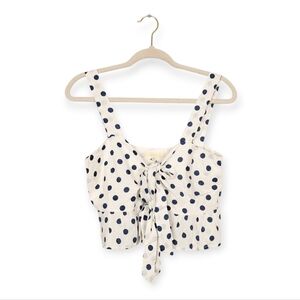 NWT Le Lis White Navy Polka Dot Tie Front Ruffle Hem Crop Top Size M